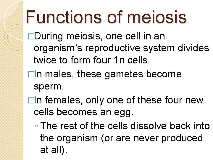 Functions of meiosis �During meiosis, one cell in an organism’s reproductive system divides twice