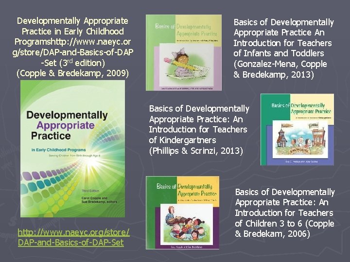 Developmentally Appropriate Practice in Early Childhood Programshttp: //www. naeyc. or g/store/DAP-and-Basics-of-DAP -Set (3 rd