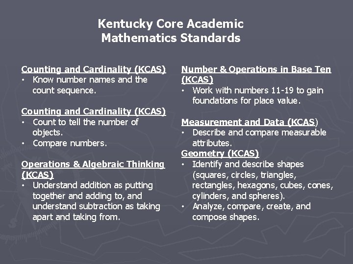 Kentucky Core Academic Mathematics Standards Counting and Cardinality (KCAS) • Know number names and