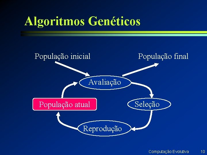Algoritmos Genéticos População inicial População final Avaliação População atual Seleção Reprodução Computação Evolutiva 10