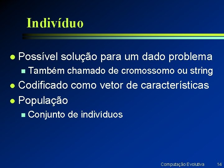 Indivíduo l Possível n solução para um dado problema Também chamado de cromossomo ou