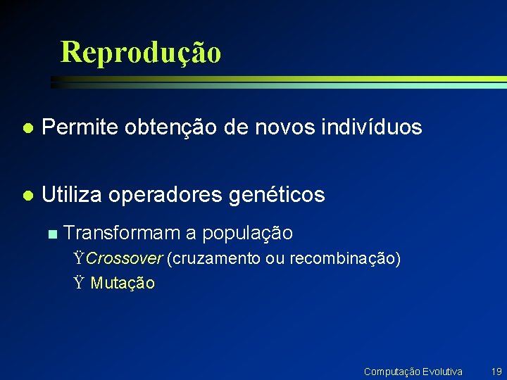 Reprodução l Permite obtenção de novos indivíduos l Utiliza operadores genéticos n Transformam a