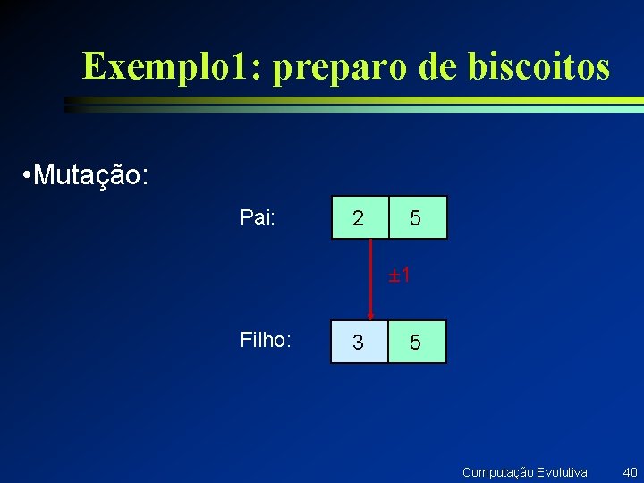 Exemplo 1: preparo de biscoitos • Mutação: Pai: 2 5 ± 1 Filho: 3