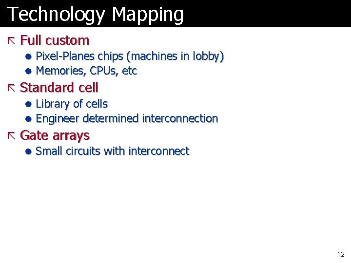 Technology Mapping ã Full custom l Pixel-Planes chips (machines in lobby) l Memories, CPUs,