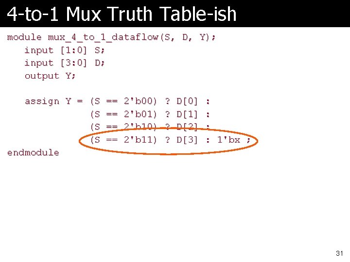 4 -to-1 Mux Truth Table-ish module mux_4_to_1_dataflow(S, D, Y); input [1: 0] S; input