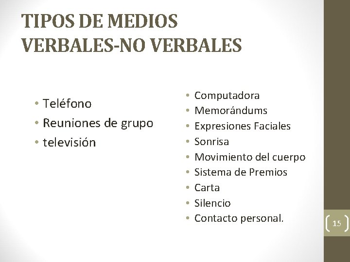 TIPOS DE MEDIOS VERBALES-NO VERBALES • Teléfono • Reuniones de grupo • televisión •