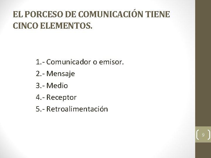 EL PORCESO DE COMUNICACIÓN TIENE CINCO ELEMENTOS. 1. - Comunicador o emisor. 2. -