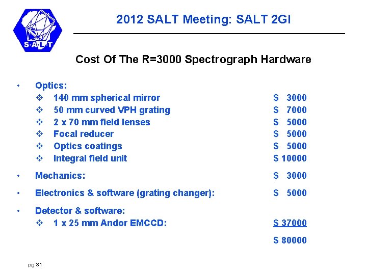 2012 SALT Meeting: SALT 2 GI Cost Of The R=3000 Spectrograph Hardware • Optics: