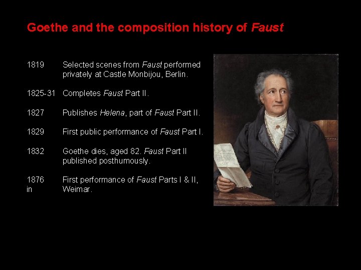 Goethe and the composition history of Faust 1819 Selected scenes from Faust performed privately