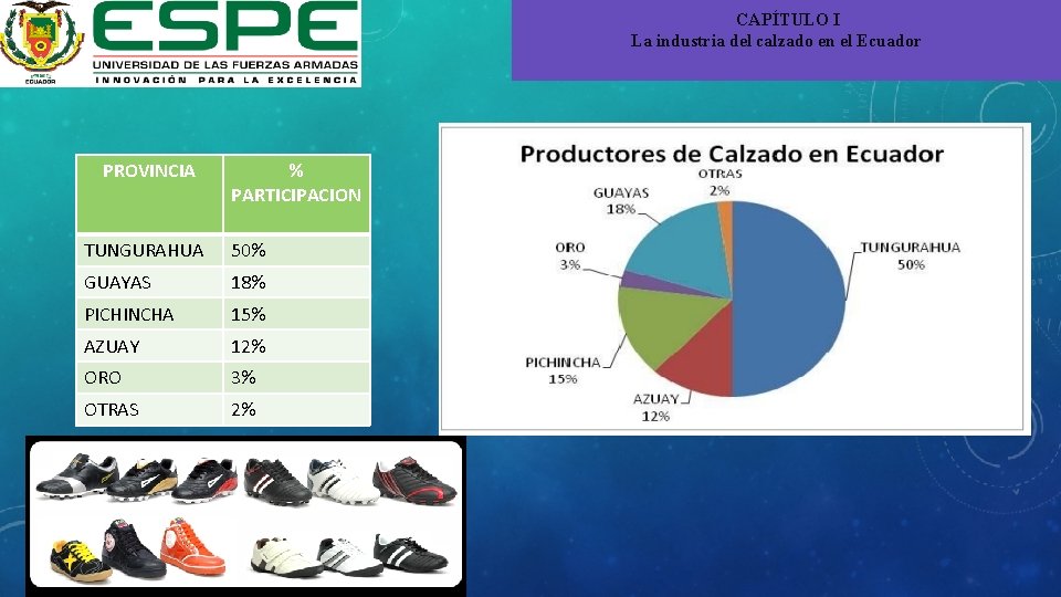 CAPÍTULO I La industria del calzado en el Ecuador PROVINCIA % PARTICIPACION TUNGURAHUA 50%