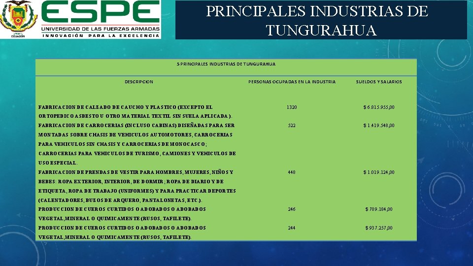 PRINCIPALES INDUSTRIAS DE TUNGURAHUA 5 PRINCIPALES INDUSTRIAS DE TUNGURAHUA DESCRIPCION FABRICACION DE CALZADO DE