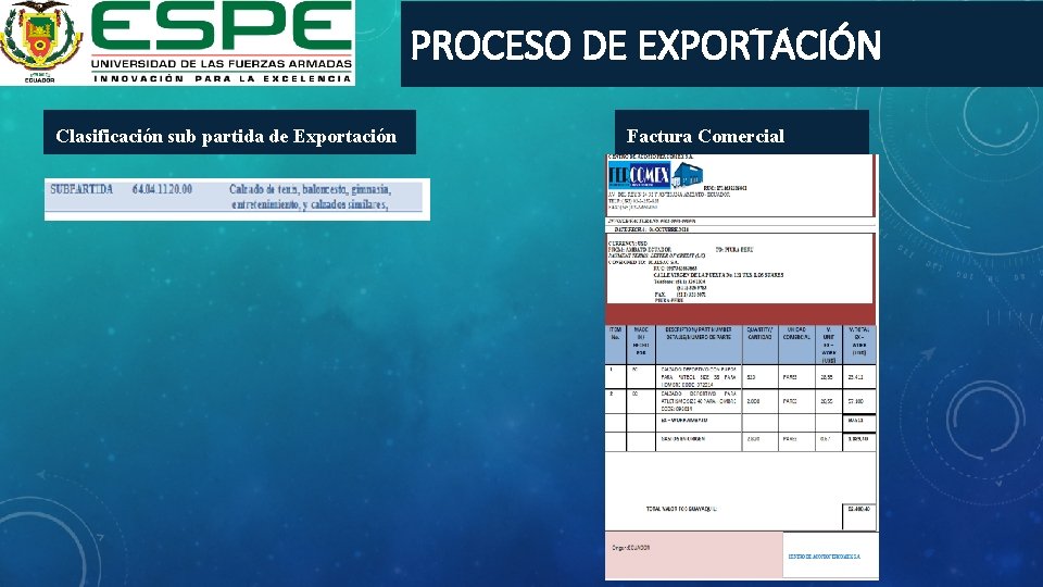 PROCESO DE EXPORTACIÓN Clasificación sub partida de Exportación Factura Comercial 