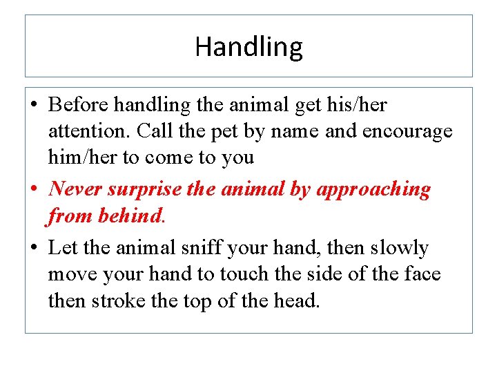 Handling • Before handling the animal get his/her attention. Call the pet by name Handling • Before handling the animal get his/her attention. Call the pet by name