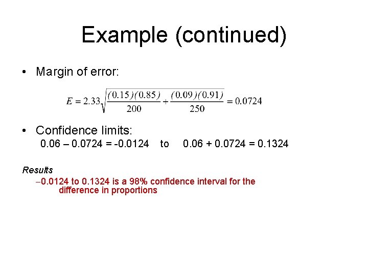 Example (continued) • Margin of error: • Confidence limits: 0. 06 – 0. 0724