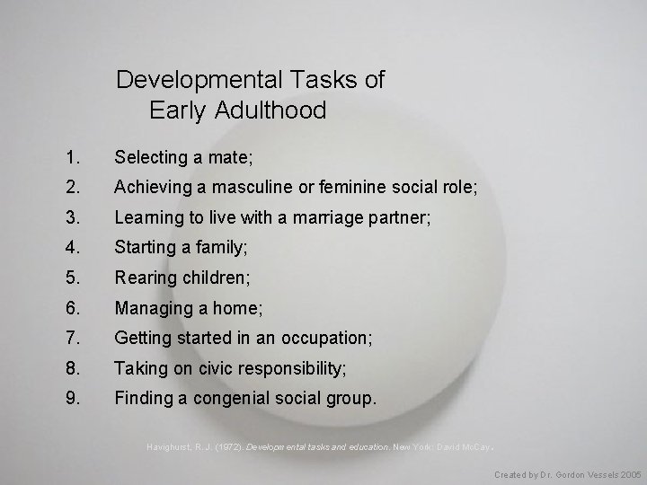  Developmental Tasks of Early Adulthood 1. Selecting a mate; 2. Achieving a masculine