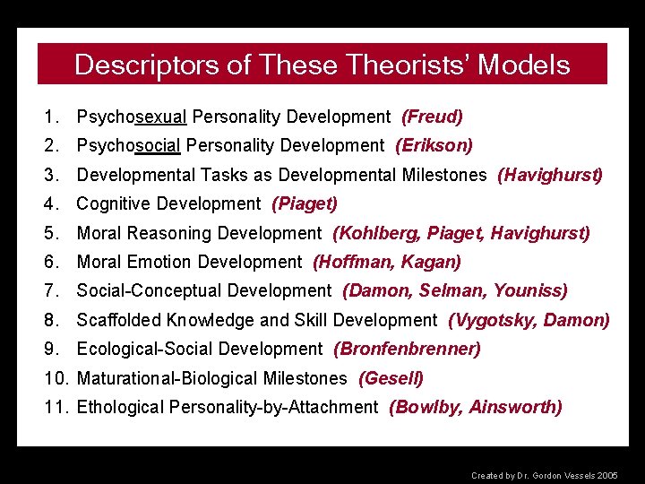 Descriptors of These Theorists’ Models 1. Psychosexual Personality Development (Freud) 2. Psychosocial Personality Development