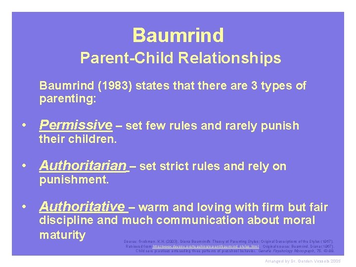 Baumrind Parent-Child Relationships Baumrind (1983) states that there are 3 types of parenting: •