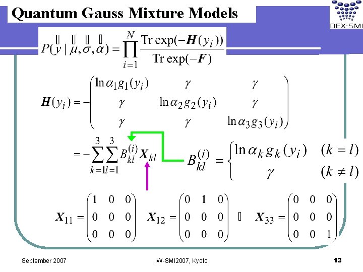 Quantum Gauss Mixture Models September 2007 IW-SMI 2007, Kyoto 13 