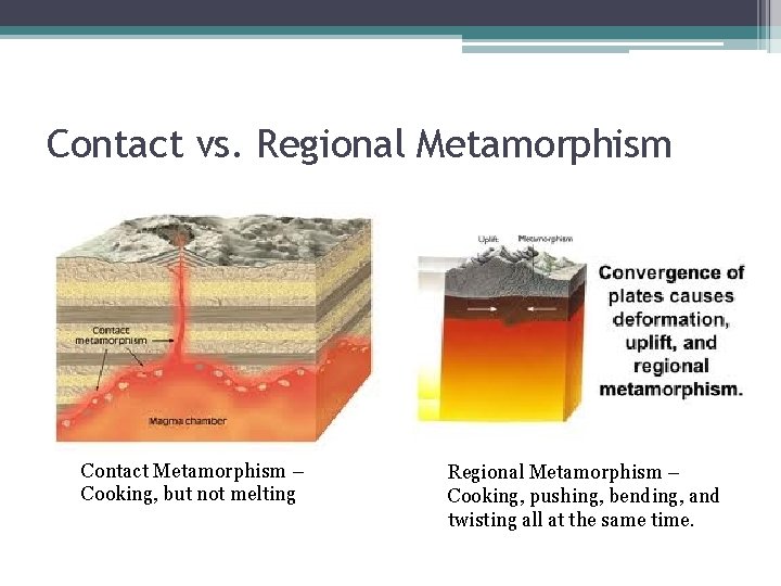 Contact vs. Regional Metamorphism Contact Metamorphism – Cooking, but not melting Regional Metamorphism –