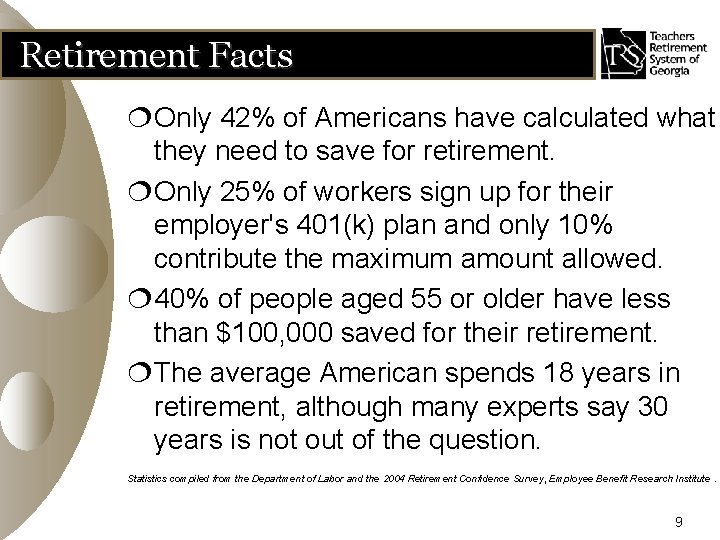 Retirement Facts ¦Only 42% of Americans have calculated what they need to save for
