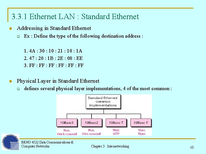 3. 3. 1 Ethernet LAN : Standard Ethernet n Addressing in Standard Ethernet q