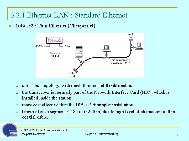 3. 3. 1 Ethernet LAN : Standard Ethernet n 10 Base 2 : Thin