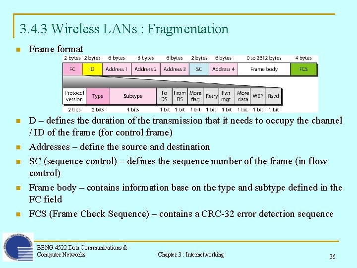 3. 4. 3 Wireless LANs : Fragmentation n Frame format n D – defines