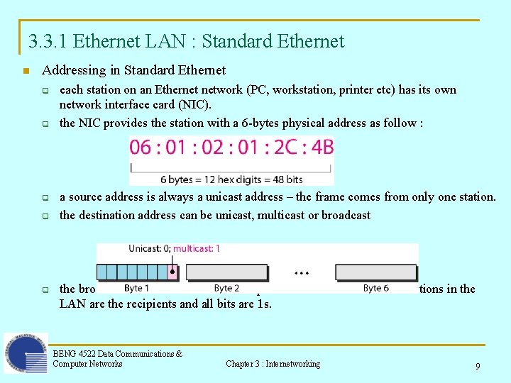 3. 3. 1 Ethernet LAN : Standard Ethernet n Addressing in Standard Ethernet q