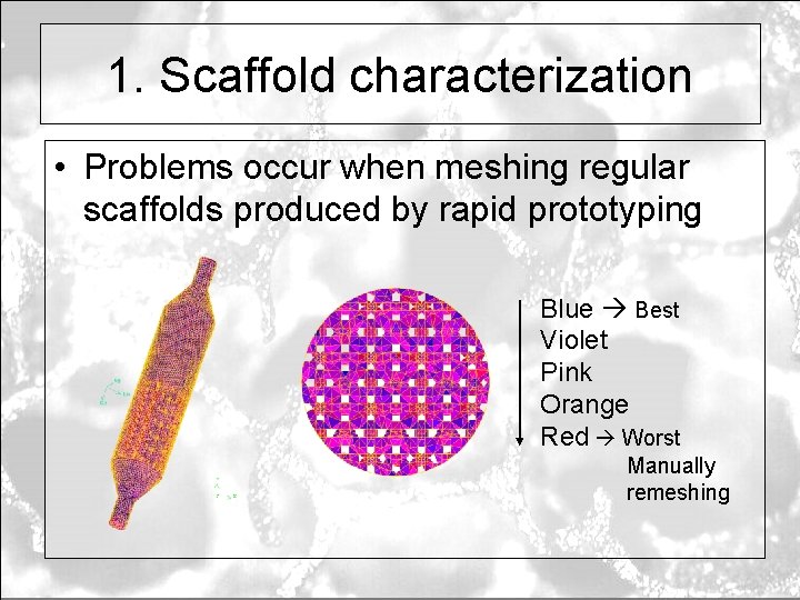 1. Scaffold characterization • Problems occur when meshing regular scaffolds produced by rapid prototyping