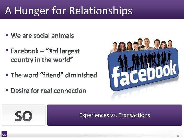 A Hunger for Relationships § § Experiences vs. Transactions 10 