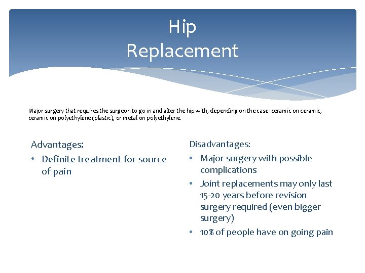 Hip Replacement Major surgery that requires the surgeon to go in and alter the