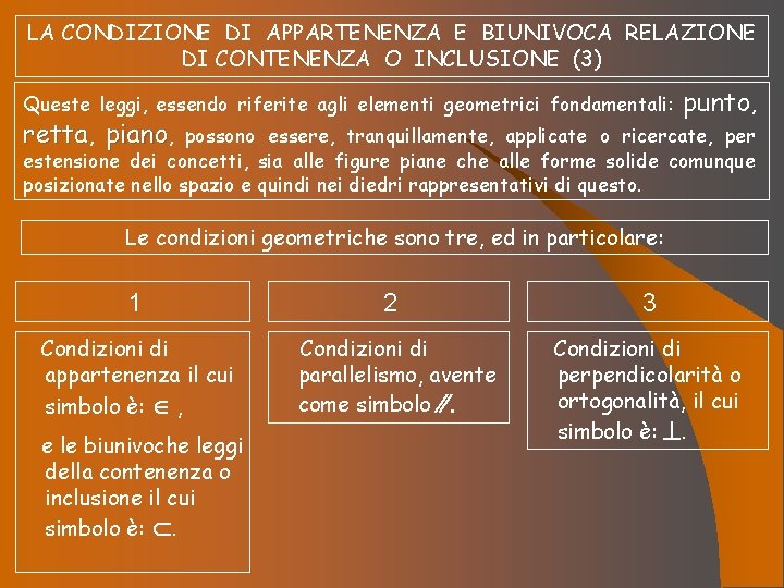 LA CONDIZIONE DI APPARTENENZA E BIUNIVOCA RELAZIONE DI CONTENENZA O INCLUSIONE (3) Queste leggi,