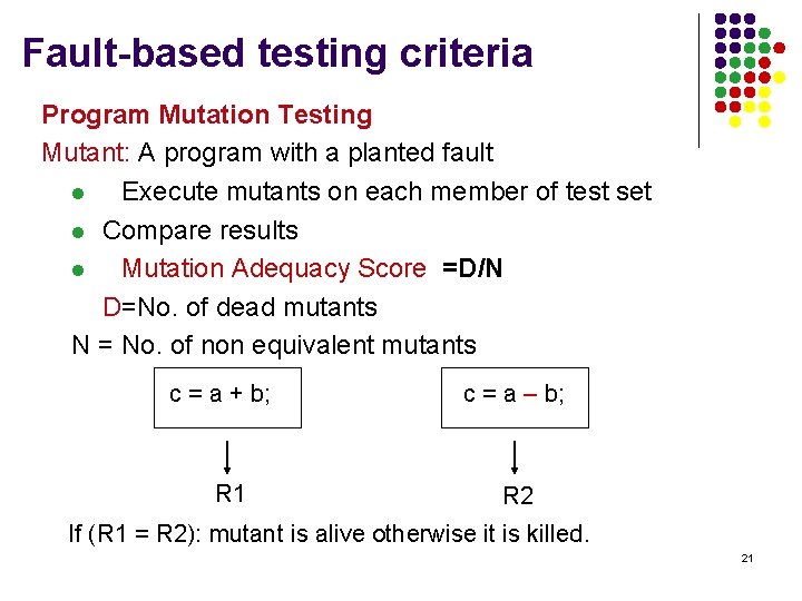 Fault-based testing criteria Program Mutation Testing Mutant: A program with a planted fault l