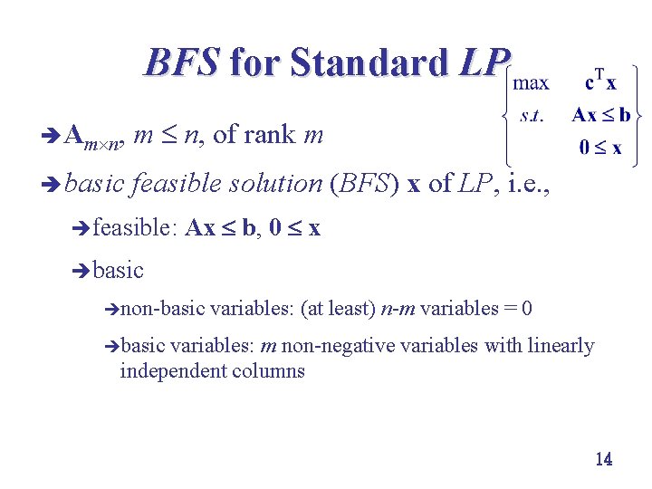 BFS for Standard LP è Am n, m n, of rank m è basic