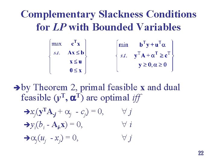 Complementary Slackness Conditions for LP with Bounded Variables è by Theorem 2, primal feasible