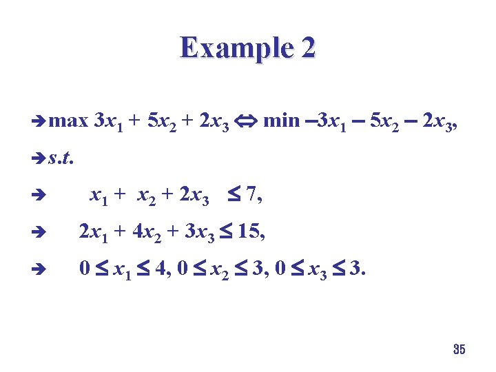 Example 2 è max 3 x 1 + 5 x 2 + 2 x