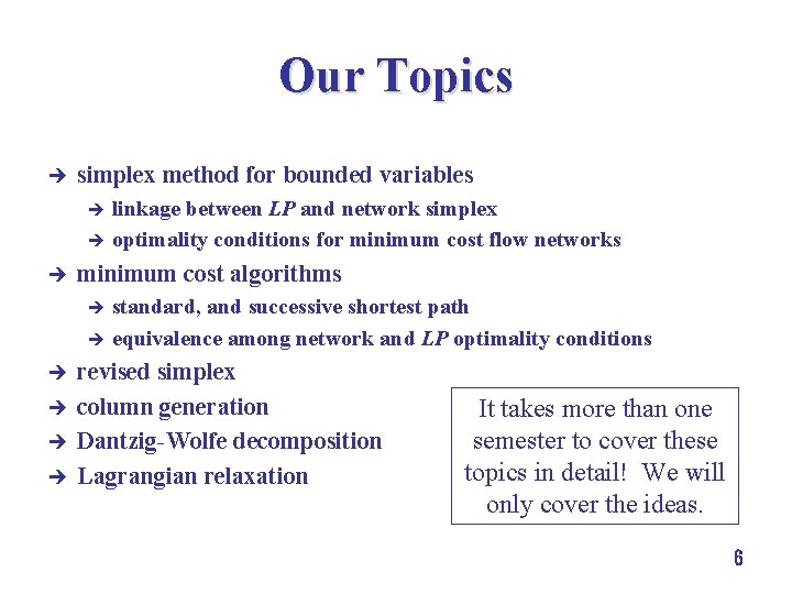 Our Topics è simplex method for bounded variables linkage between LP and network simplex