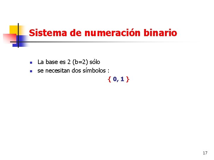 Sistema de numeración binario n n La base es 2 (b=2) sólo se necesitan