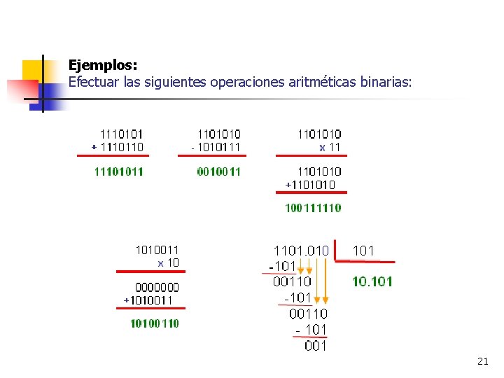 Ejemplos: Efectuar las siguientes operaciones aritméticas binarias: 21 