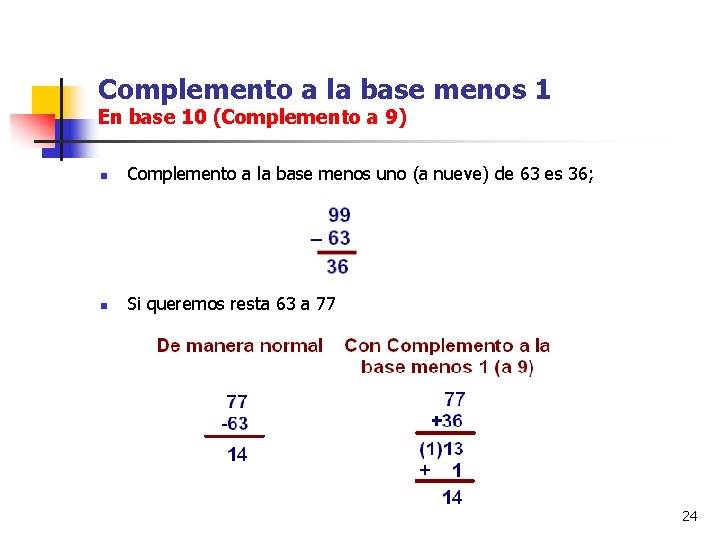 Complemento a la base menos 1 En base 10 (Complemento a 9) n Complemento