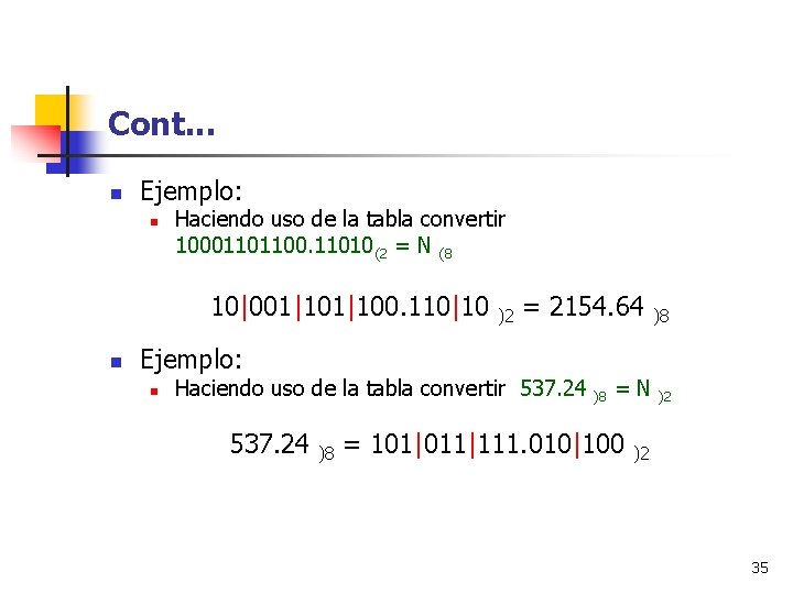 Cont. . . n Ejemplo: n Haciendo uso de la tabla convertir 10001101100. 11010(2