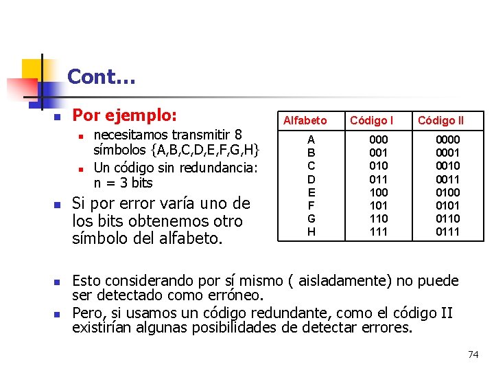 Cont… n Por ejemplo: n n necesitamos transmitir 8 símbolos {A, B, C, D,