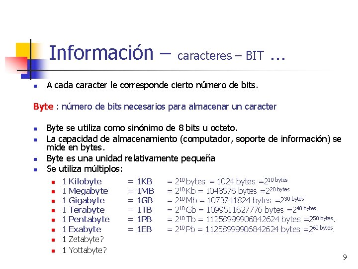 Información – caracteres – BIT … n A cada caracter le corresponde cierto número