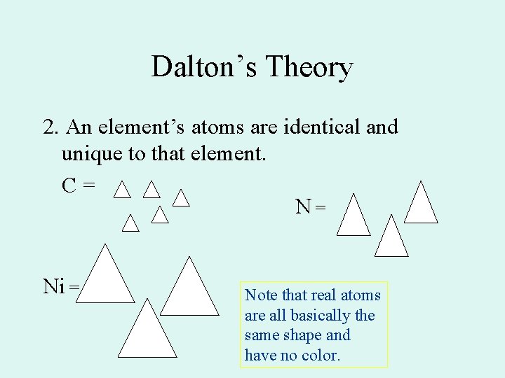 Dalton’s Theory 2. An element’s atoms are identical and unique to that element. C=