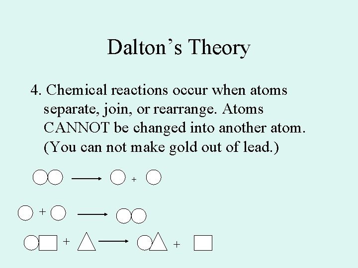 Dalton’s Theory 4. Chemical reactions occur when atoms separate, join, or rearrange. Atoms CANNOT