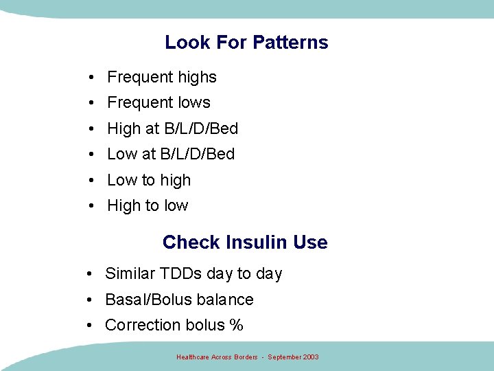 Look For Patterns • Frequent highs • Frequent lows • High at B/L/D/Bed • Look For Patterns • Frequent highs • Frequent lows • High at B/L/D/Bed •