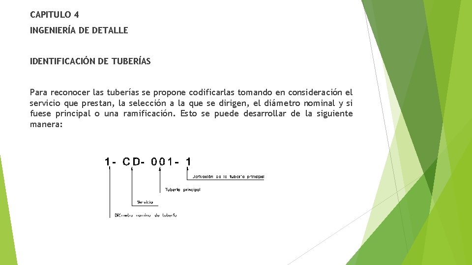 CAPITULO 4 INGENIERÍA DE DETALLE IDENTIFICACIÓN DE TUBERÍAS Para reconocer las tuberías se propone