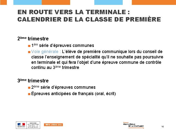 EN ROUTE VERS LA TERMINALE : CALENDRIER DE LA CLASSE DE PREMIÈRE 2ème trimestre