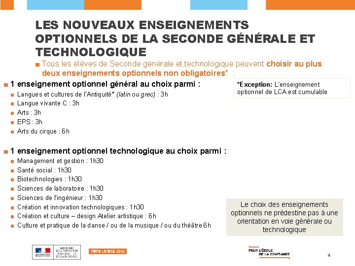 LES NOUVEAUX ENSEIGNEMENTS OPTIONNELS DE LA SECONDE GÉNÉRALE ET TECHNOLOGIQUE ■ Tous les élèves