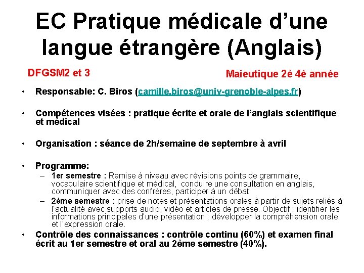 EC Pratique médicale d’une langue étrangère (Anglais) DFGSM 2 et 3 Maieutique 2é 4è